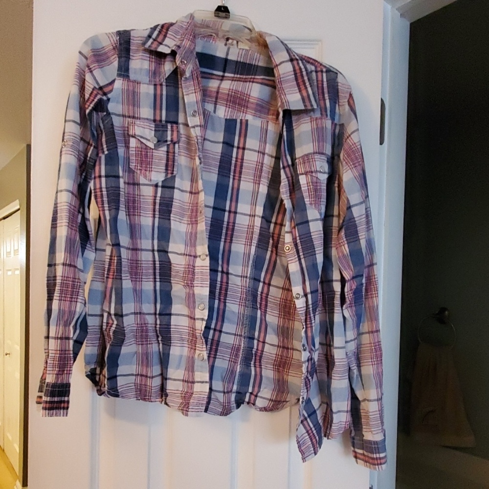 Navy blue and pink plaid button down shirt